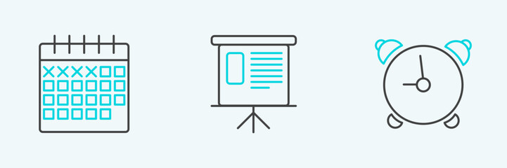 Poster - set line alarm clock, calendar and presentation financial board with graph, schedule, chart, diagram