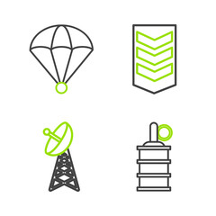 Poster - Set line Hand grenade, Radar, Military rank and Parachute icon. Vector