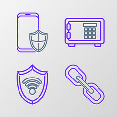 Poster - Set line Chain link, Shield with WiFi wireless internet network, Safe and Smartphone security shield icon. Vector