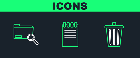Poster - set line trash can, search concept with folder and notebook icon. vector