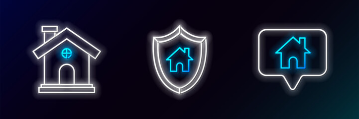 Poster - set line map pointer with house, house and shield icon. glowing neon. vector