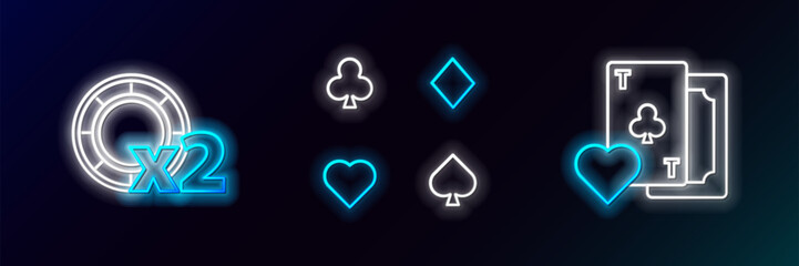 Poster - set line playing card with clubs symbol, casino chips and cards icon. glowing neon. vector