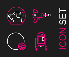 Poster - set line robot, planet, ray gun and dog in astronaut helmet icon. vector
