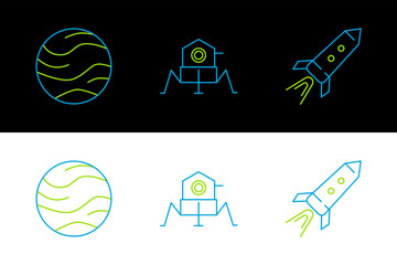 Poster - Set line Rocket ship with fire, Planet and Mars rover icon. Vector