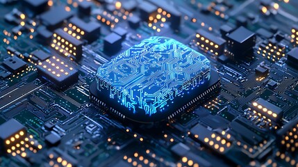 Poster - Glowing Blue Circuit Board with Central Processing Unit