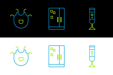 Poster - Set line Blender, Kitchen apron and Refrigerator icon. Vector