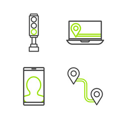 Poster - set line route location, taxi call telephone service, laptop with marker and traffic light icon. vec