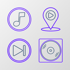 Poster - Set line Vinyl disk, Fast forward, Digital media play with location and Music note, tone icon. Vector