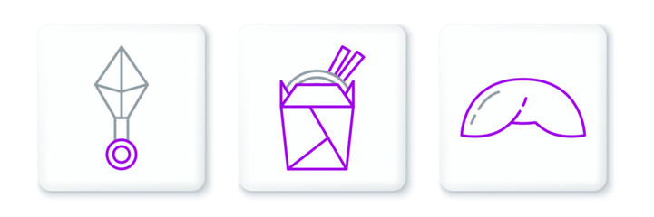 Poster - set line chinese fortune cookie, japanese ninja shuriken and asian noodles paper box and chopsticks 