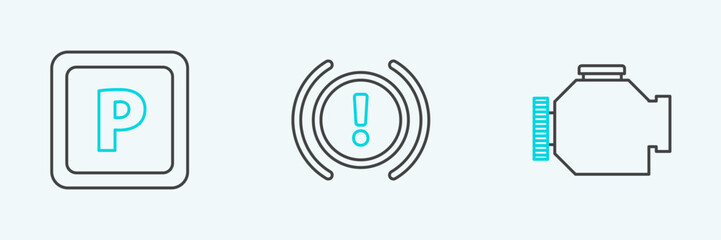 Poster - Set line Check engine, Parking and Brake system warning icon. Vector
