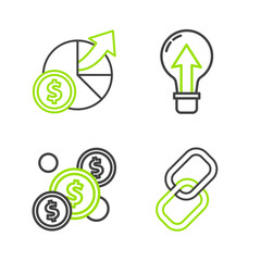 Poster - set line chain link, coin money with dollar, light bulb and money and diagram graph icon. vector