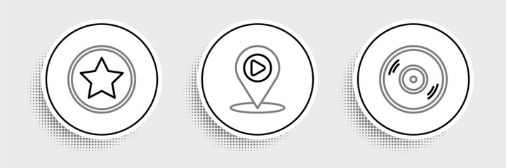 Poster - Set line Vinyl disk, Star and Digital media play with location icon. Vector