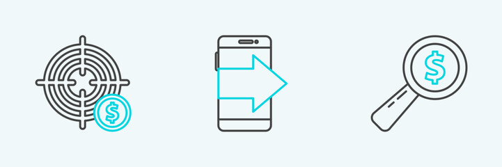 Poster - set line magnifying glass and dollar, target with symbol and smartphone, mobile phone icon. vector