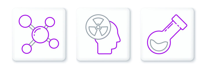 Poster - Set line Test tube and flask chemical, Molecule and Human head radiation icon. Vector