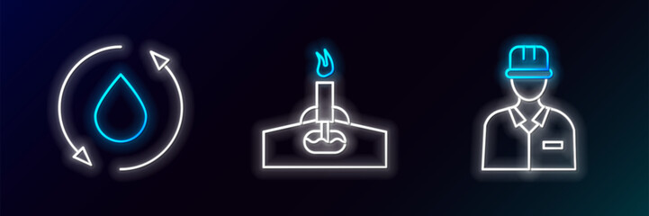 Poster - Set line Oilman, drop and rig with fire icon. Glowing neon. Vector