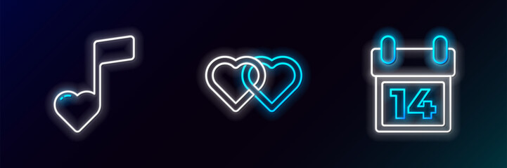Poster - set line calendar with february 14, music note, tone hearts and two linked hearts icon. glowing neon