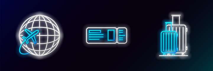 Poster - set line suitcase for travel, globe with flying plane and travel ticket icon. glowing neon. vector