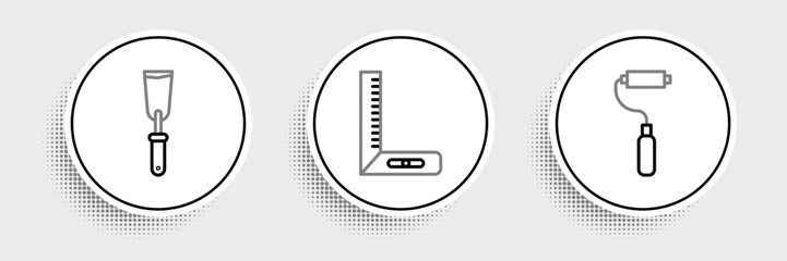Poster - Set line Paint roller brush, Putty knife and Corner ruler icon. Vector