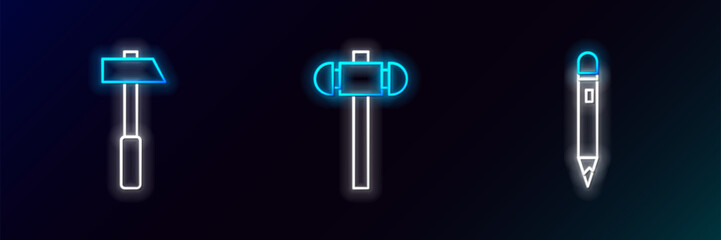 Poster - set line pencil with eraser, hammer and sledgehammer icon. glowing neon. vector