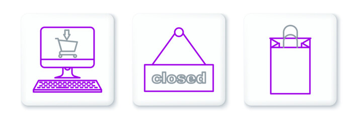 Poster - set line paper shopping bag, shopping cart on screen computer and hanging sign with text closed icon