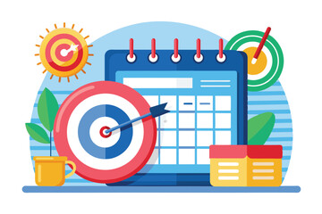 Poster - A colorful illustration depicts a calendar and clock focused on organizing a target schedule with goals, Target schedule with calendar and clock trending