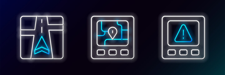 Poster - set line gps device error, with map and icon. glowing neon. vector