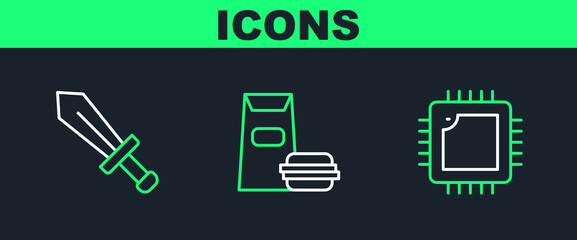 Poster - Set line Processor with CPU, Sword for game and Burger icon. Vector
