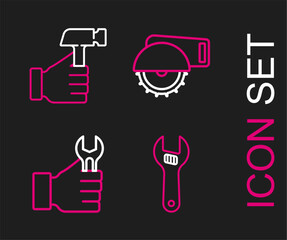 Aufkleber - Set line Adjustable wrench, Wrench spanner, Electric circular saw and Hammer icon. Vector