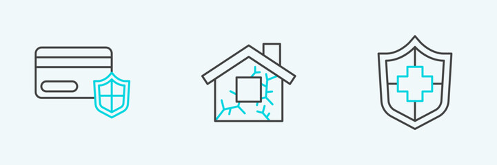 Poster - Set line Life insurance with shield, Credit card and House icon. Vector
