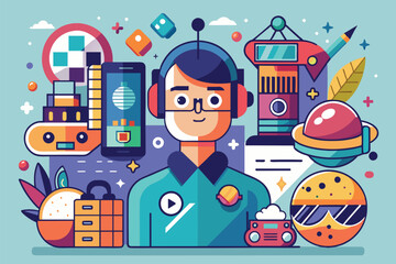 Poster - A person with headphones engages with various creative tools and technology in a colorful design environment, Task Customizable Disproportionate Illustration