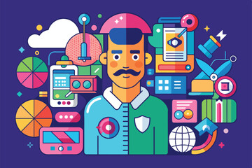 Poster - A man stands amidst an array of digital tools, showcasing creativity and innovation in design, Task Customizable Disproportionate Illustration