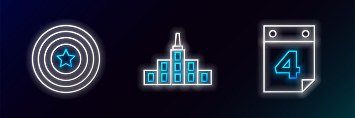 Poster - set line calendar with date july 4, american star shield and city landscape icon. glowing neon. vect