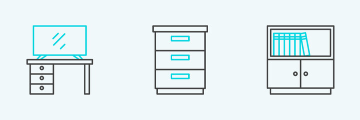 Poster - Set line Library bookshelf, TV table stand and Furniture nightstand icon. Vector