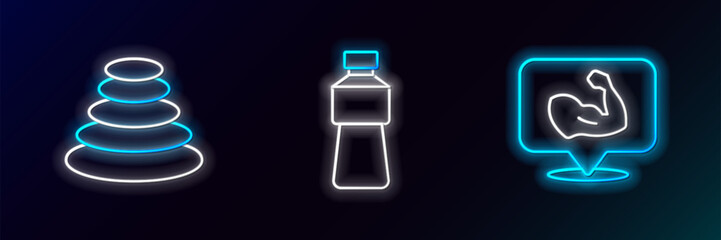 Poster - Set line Bodybuilder muscle, Stack hot stones and Bottle of water icon. Glowing neon. Vector
