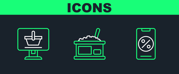 Poster - set line percent discount and mobile, shopping cart on computer and tin can with caviar icon. vector