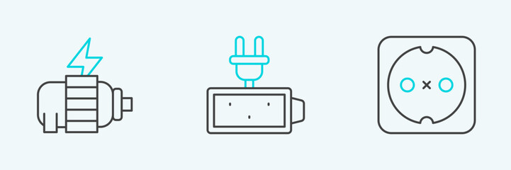Poster - Set line Electrical outlet, motor and Battery charge icon. Vector