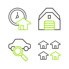 Poster - Set line Real estate, Car sharing, Garage and Time is money icon. Vector