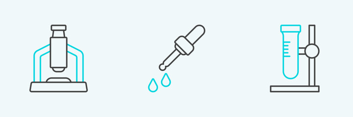 Poster - Set line Test tube flask on stand, Microscope and Pipette icon. Vector
