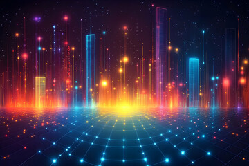 Poster - vibrant cityscape at night, glowing with colorful, digital energy. futuristic and dynamic
