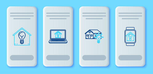 Poster - set line laptop with smart house and light bulb, smart, and watch icon. vector