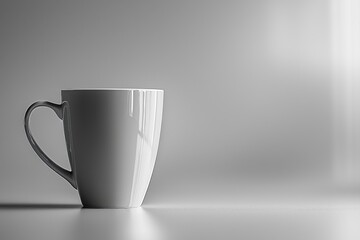 Poster - A pristine white mug stands elegantly on a gray surface, bathed in soft light, ideal for showcasing branding designs and offering a clean, professional aesthetic in advertisements.