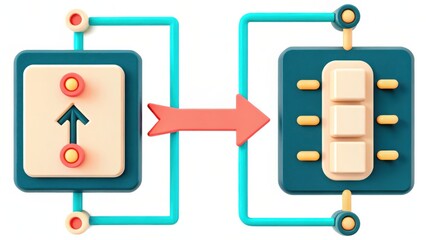 Abstract Data Transfer 3D Illustration of Teal and Beige Blocks with Orange Arrow
