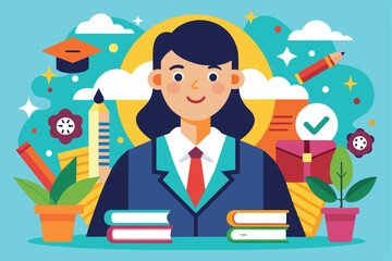Poster - A cheerful teacher stands with books and plants, surrounded by vibrant educational icons and symbols, Teacher Customizable Disproportionate Illustration