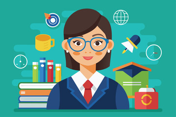 Poster - A teacher is depicted wearing glasses and a formal outfit surrounded by books and learning tools, Teacher Customizable Disproportionate Illustration