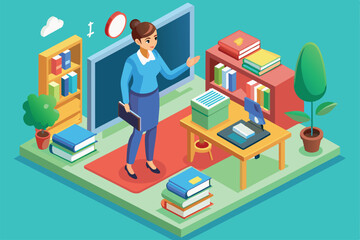 Poster - a teacher stands in a vibrant classroom, engaging students with various learning materials and resou