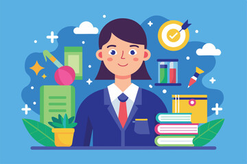 Poster - A customizable flat illustration depicting a teacher surrounded by books and learning materials in a bright space, Teacher Customizable Flat Illustration