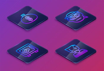 Poster - Set Isometric line Money bag, Safe, Bandit and Kidnaping. Blue square button. Vector