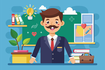 Poster - A cartoon character of a smiling teacher stands in a decorated classroom for Teachers Day celebration, Teachers' day Customizable Cartoon Illustration