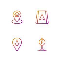 Poster - Set line Parking, Location with anchor, house and City map navigation. Gradient color icons. Vector