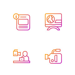Poster - Set line Cinema camera, Breaking news, Information and . Gradient color icons. Vector